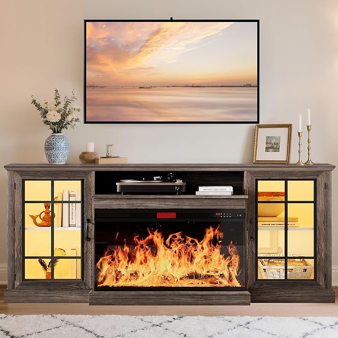oneinmil 80'' Fireplace TV Stand with 3-Sided Glass, TV Cabinet for T...