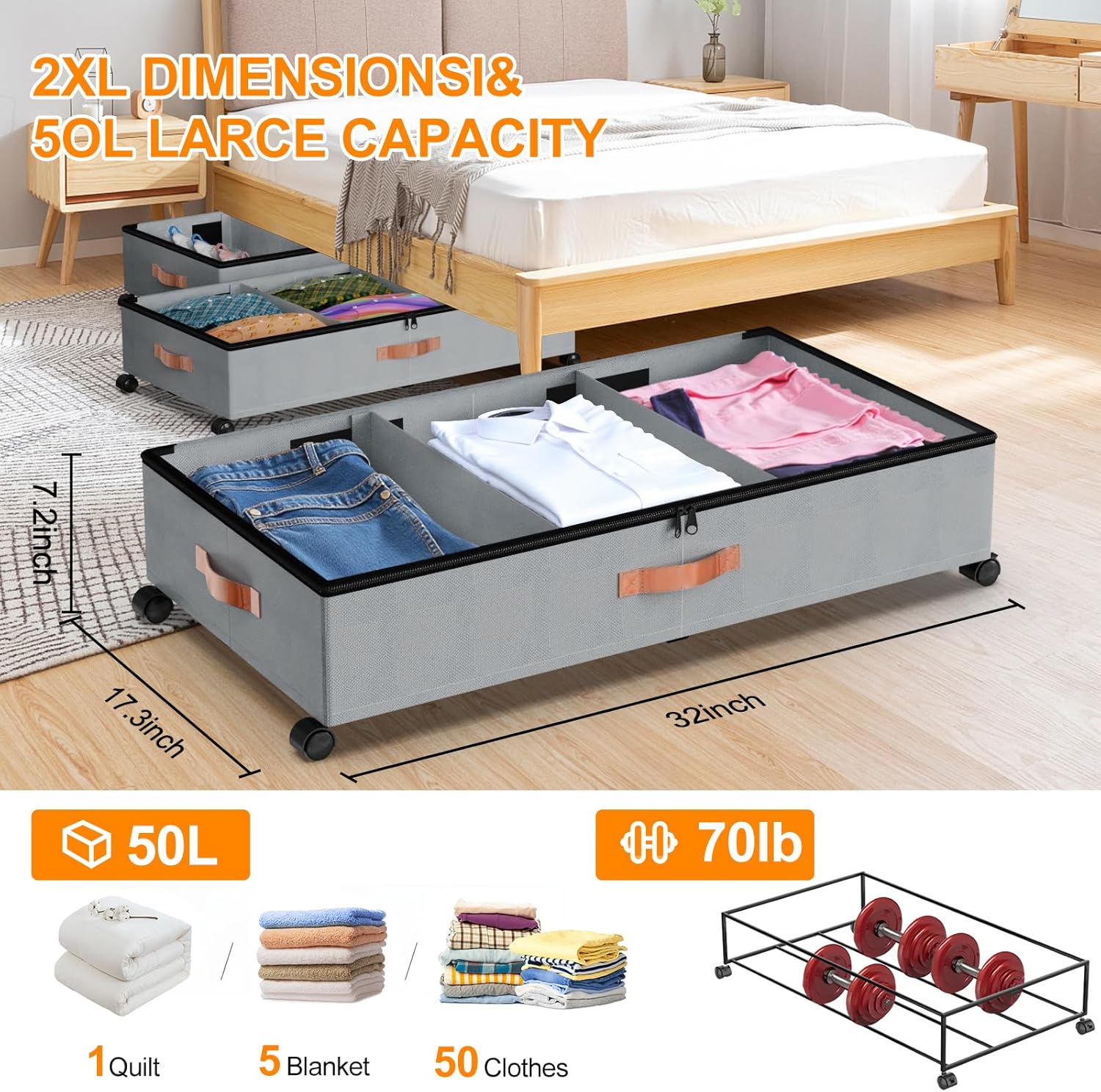 Under Bed Storage with Wheels, 4 Pack Under Bed Storage Container with Dividers & Clear Lids, Under the bed storage Organizer Bins,Underbed Storage with Wheels for Clothes,Toys,Shoes (GREY)