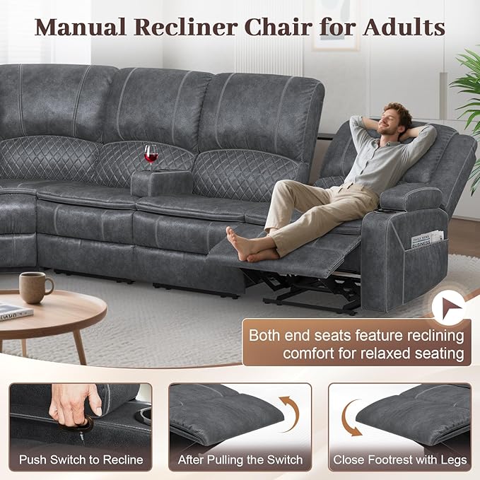 Manual Reclining Sectional Sofa Set, 6 Seats Soft Dutch Velvet Recliner Corner Sectional Couch, Family-Sized L-Shaped Recliner Couch with USB Charging, Thickened Padding, Sturdy Frame, Grey