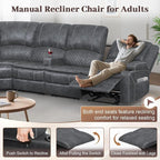 Manual Reclining Sectional Sofa Set, 6 Seats Soft Dutch Velvet Recliner Corner Sectional Couch, Family-Sized L-Shaped Recliner Couch with USB Charging, Thickened Padding, Sturdy Frame, Grey