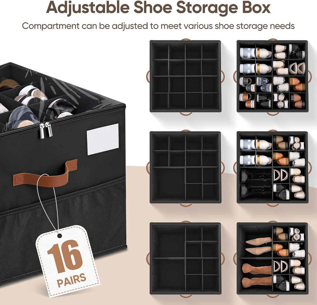 Shoe Organizer for Closet, 1 Pack Shoe Storage Container with Adjustable Dividers, Space Saving Shoe Box Storage Organizer Bin with Clear Lid and 4 Handles, Fits 8-16 Pairs, Pure Black