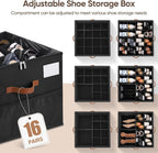 Shoe Organizer for Closet, 1 Pack Shoe Storage Container with Adjustable Dividers, Space Saving Shoe Box Storage Organizer Bin with Clear Lid and 4 Handles, Fits 8-16 Pairs, Pure Black