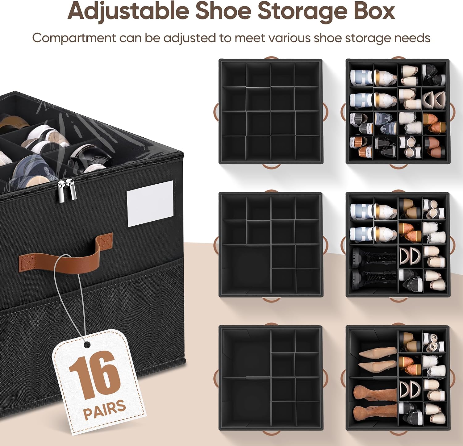 Shoe Organizer for Closet, 1 Pack Shoe Storage Container with Adjustable Dividers, Space Saving Shoe Box Storage Organizer Bin with Clear Lid and 4 Handles, Fits 8-16 Pairs, Pure Black