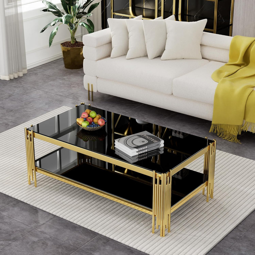 Henf 3-Piece Black Glass Living Room Table Set, 2-Tier Glass Coffee Table &am...