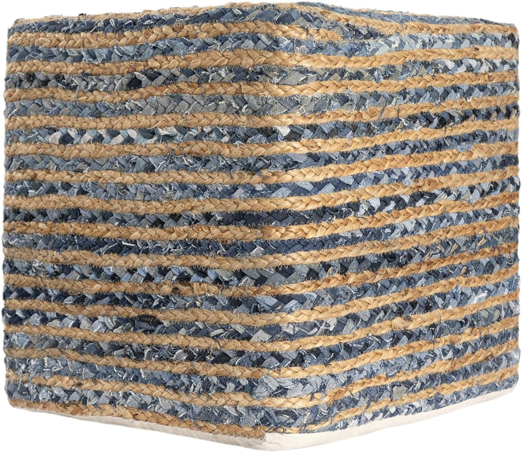 LR Home Indoor Ottoman Pouf for Home décor | Farmhouse Striped Pouffe for Living Room, Bedroom, Lounge, Nursery, Kidsroom | 18" x 18" x 18", Denim/Beige