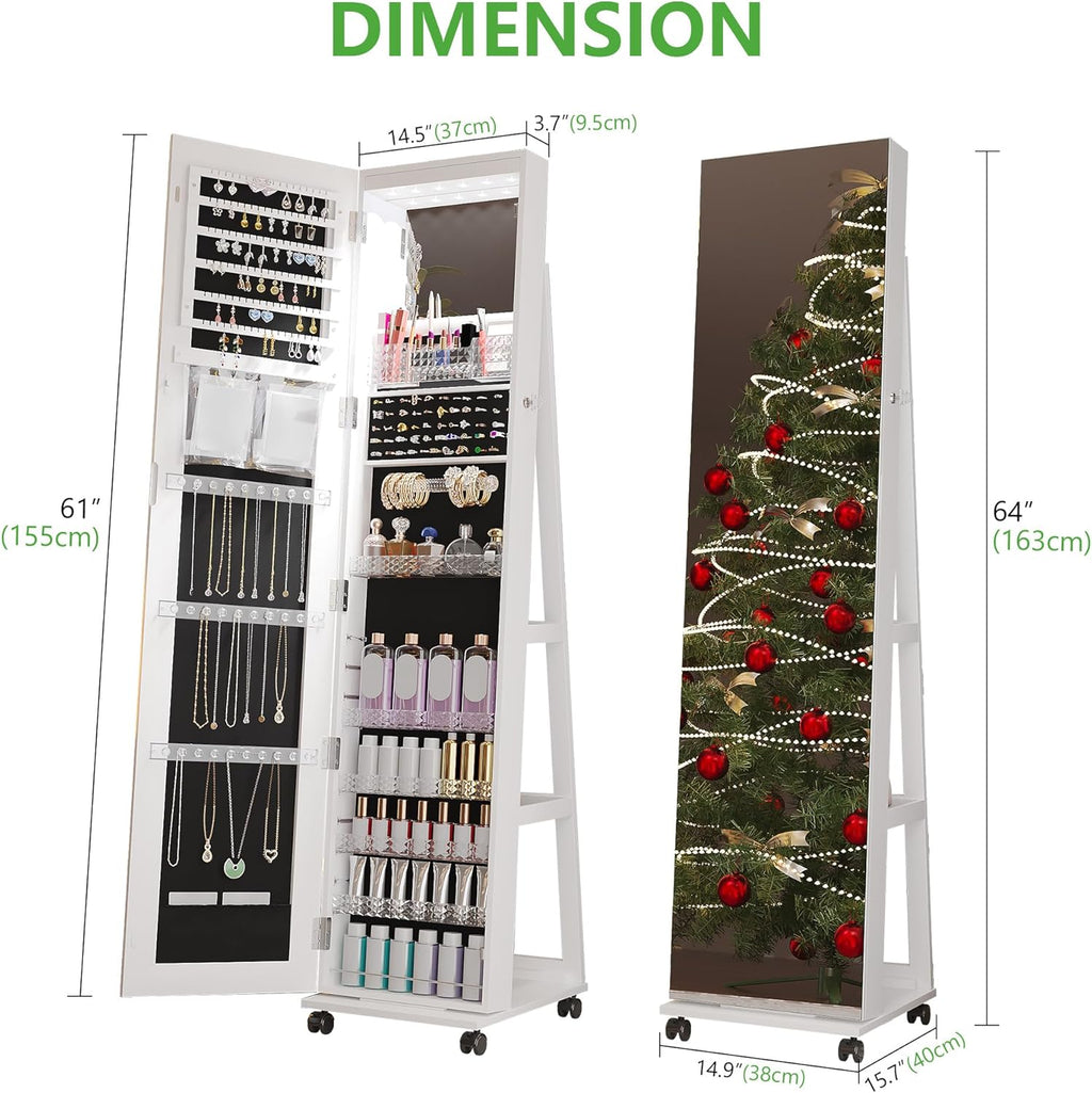 HNEBC 360° Swivel Mirrored Jewelry Armoire with 6 LEDS, Full Length Mirror with Jewelry Storage, Lockable Floor Standing Mirror with 4 Lockable Wheels for Cloakroom, Bedroom(White)