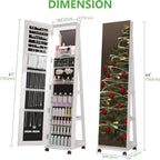 HNEBC 360° Swivel Mirrored Jewelry Armoire with 6 LEDS, Full Length Mirror with Jewelry Storage, Lockable Floor Standing Mirror with 4 Lockable Wheels for Cloakroom, Bedroom(White)