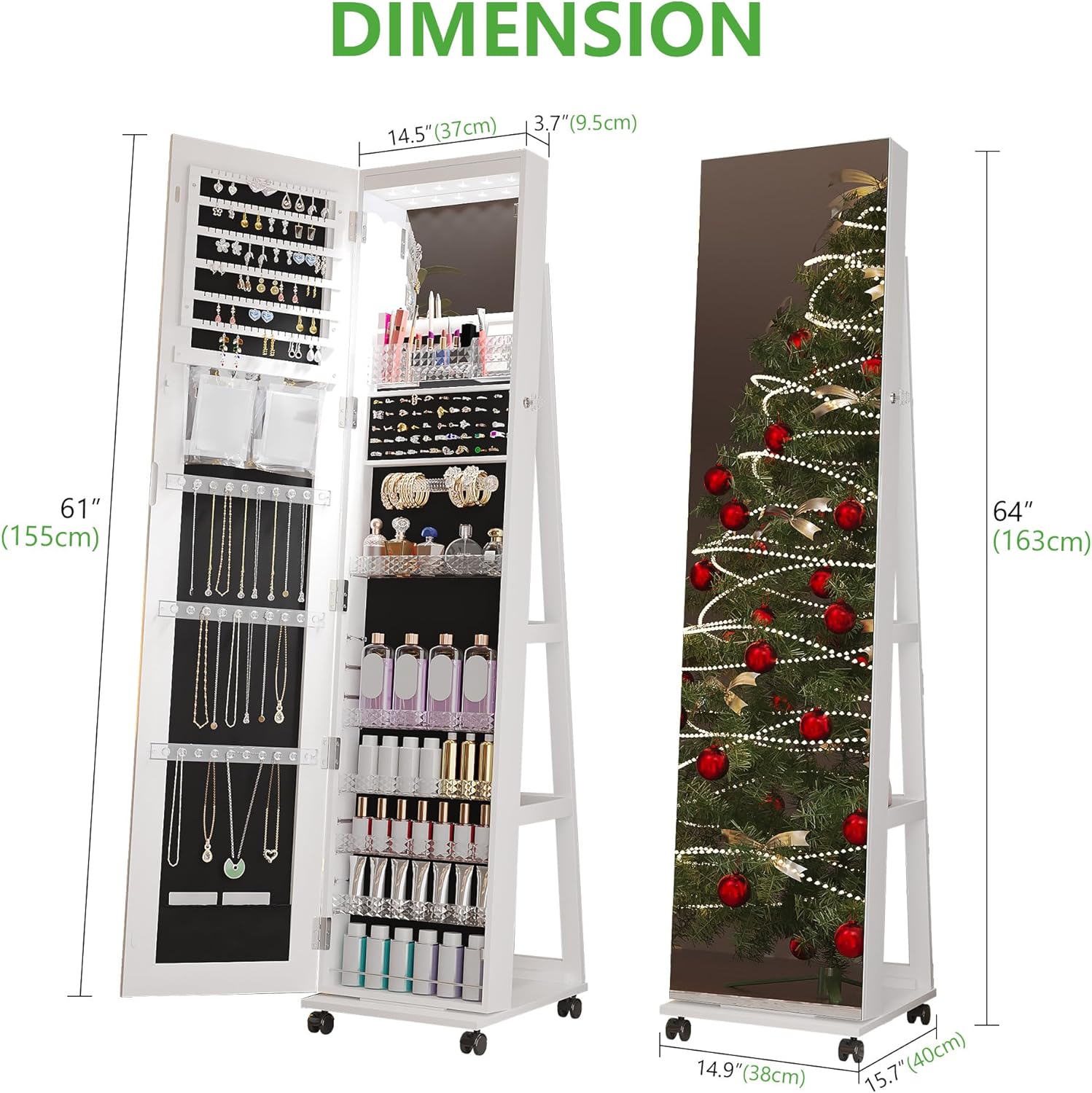 HNEBC 360° Swivel Mirrored Jewelry Armoire with 6 LEDS, Full Length Mirror with Jewelry Storage, Lockable Floor Standing Mirror with 4 Lockable Wheels for Cloakroom, Bedroom(White)