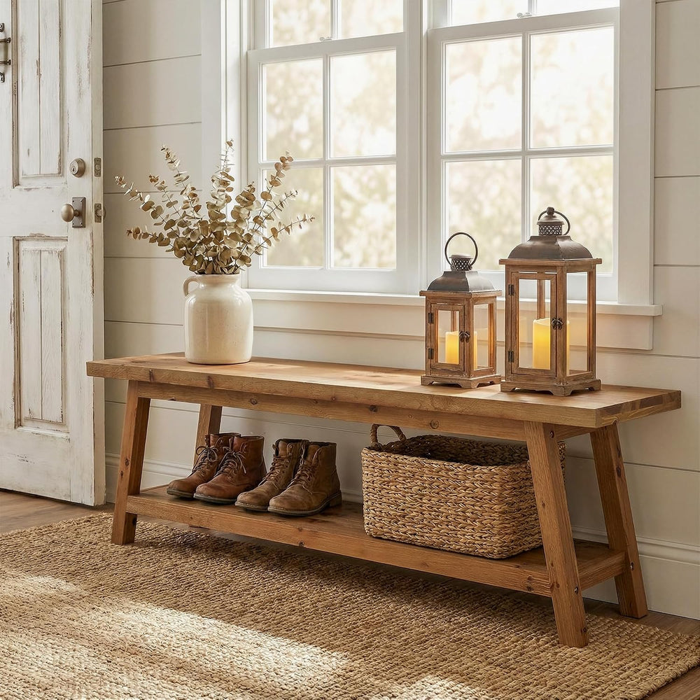 Solid Wood Entryway Bench with Shoe Storage Shelf, 62.99" Long Rustic Ha...