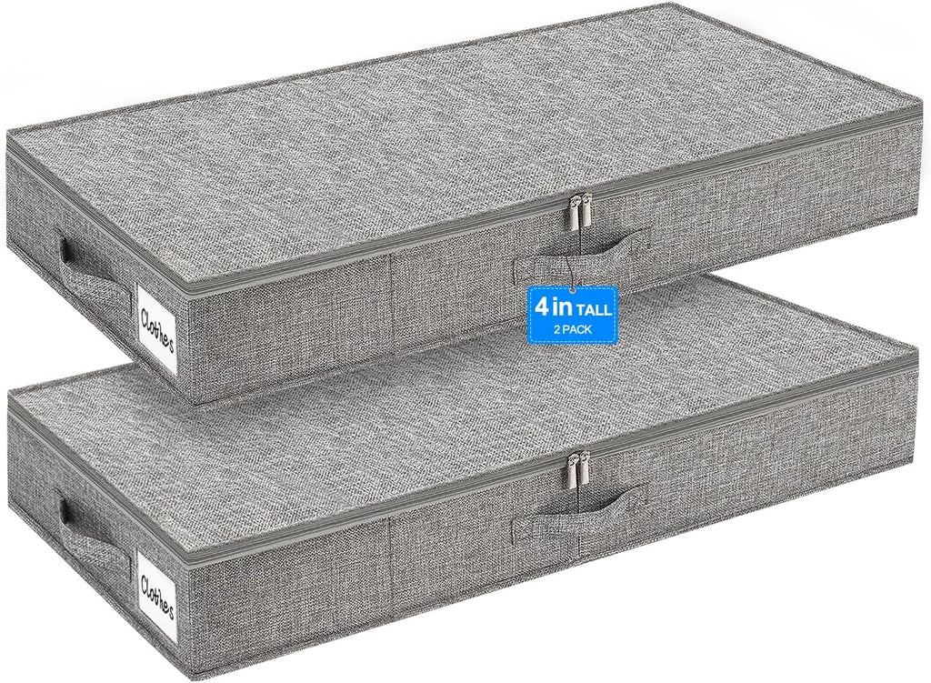 punemi Low Profile Under Bed Storage, 4 Inch Height Underbed Storage Containers With Sturdy Sidewalls & Bottom, Shallow Under Bed Organizer Clothes Storage Bins, Slim Under Couch Sofa Dresser Storage