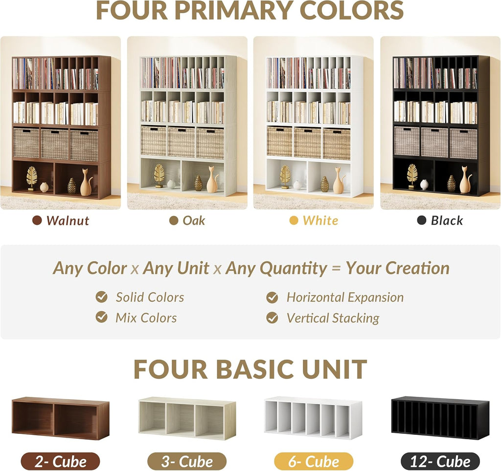 IOTXY DIY Modular Cube Bookcase - CubeXY Customizable Stackable Expandable Basic Shelving Units, 12-Cube Wooden Open Bookshelf with Removable Shelves for Vinyl Record Storage Organizer, Oak