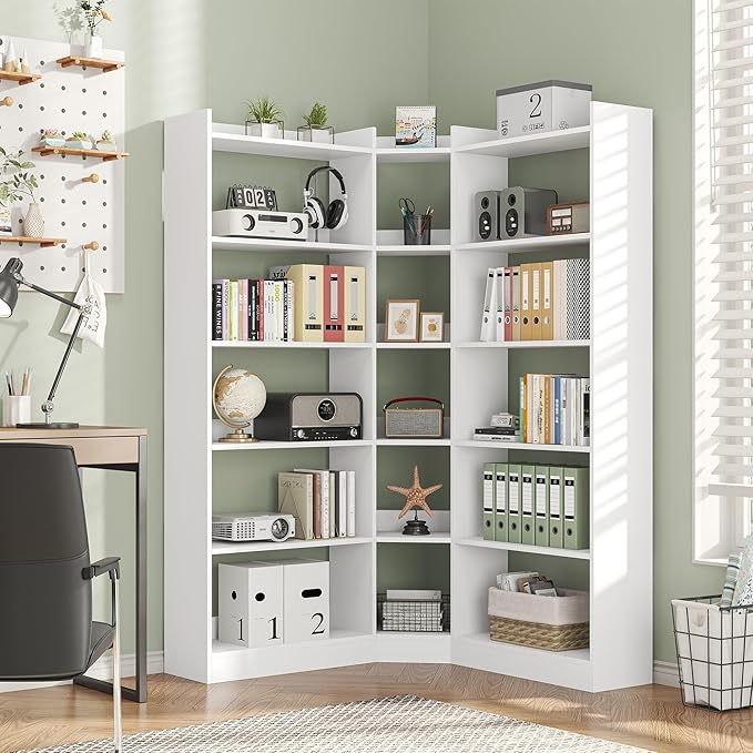 6 Tiers Corner Bookshelf, 63.1" Tall Modern Corner Etagere Bookcase Storage Display Rack Book Shelf with Baffle, Industrial L Shaped Bookshelves for Bedroom, Home Office, Living Room, White