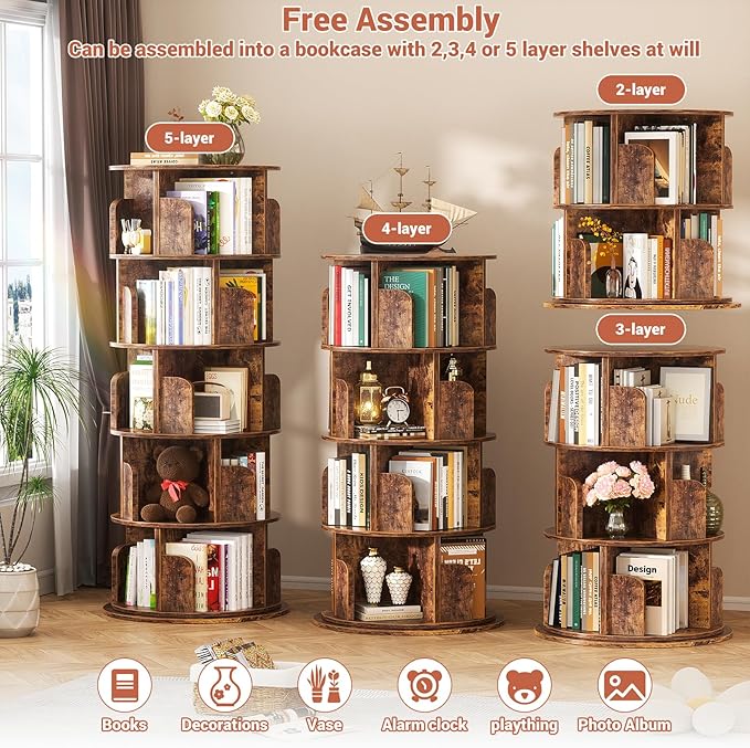 Rotating Bookshelf Tower, 5 Tier Spinning Bookcase, Revolving 360 Book Shelf ...