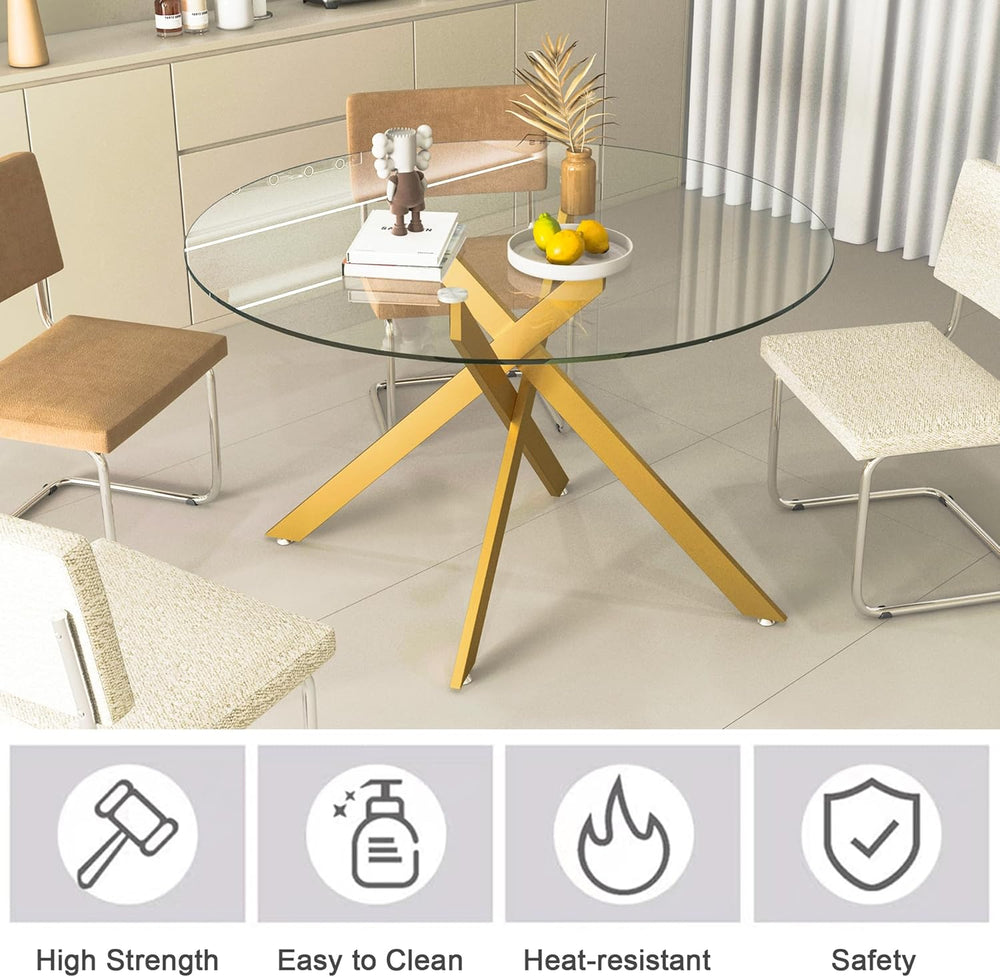 Modern 5-Piece Round Glass Dining Table Set for 4, Modern 47" Gold Glass...