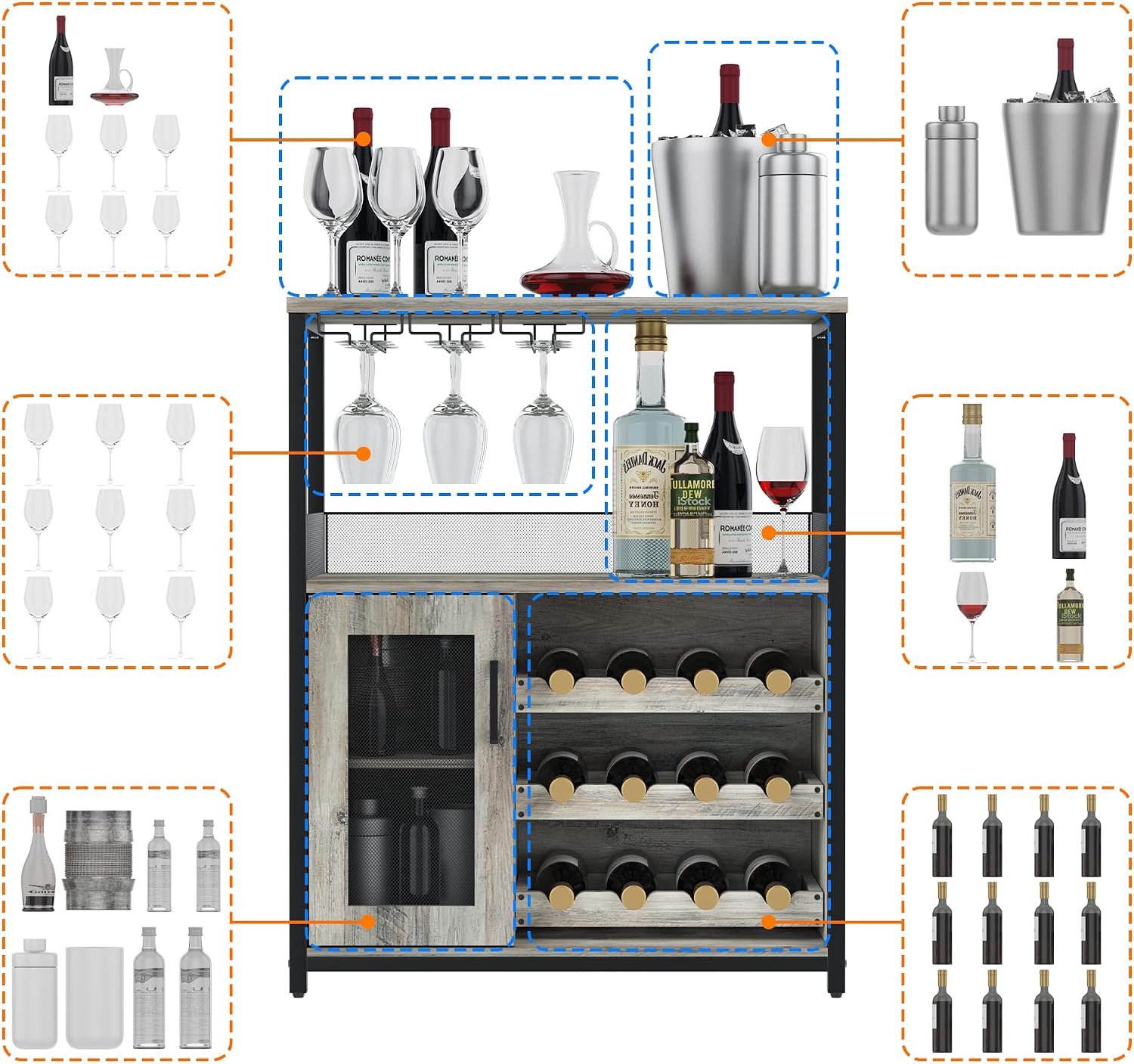 Bar Cabinet, Industrial Wine Cabinet with Removabl Glass Rack, Liquor Storage Cabinet with Adjustable Wine Rack, Home Bar with Mesh Doors and Baffle, Grey Without Light