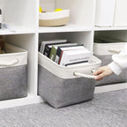 HNZIGE Large Fabric Storage Baskets (3 Pack) - Foldable Gift Baskets with Rope Handles, Decorative Organizers for Home (White & Gray, 15" x 11" x 9.5")