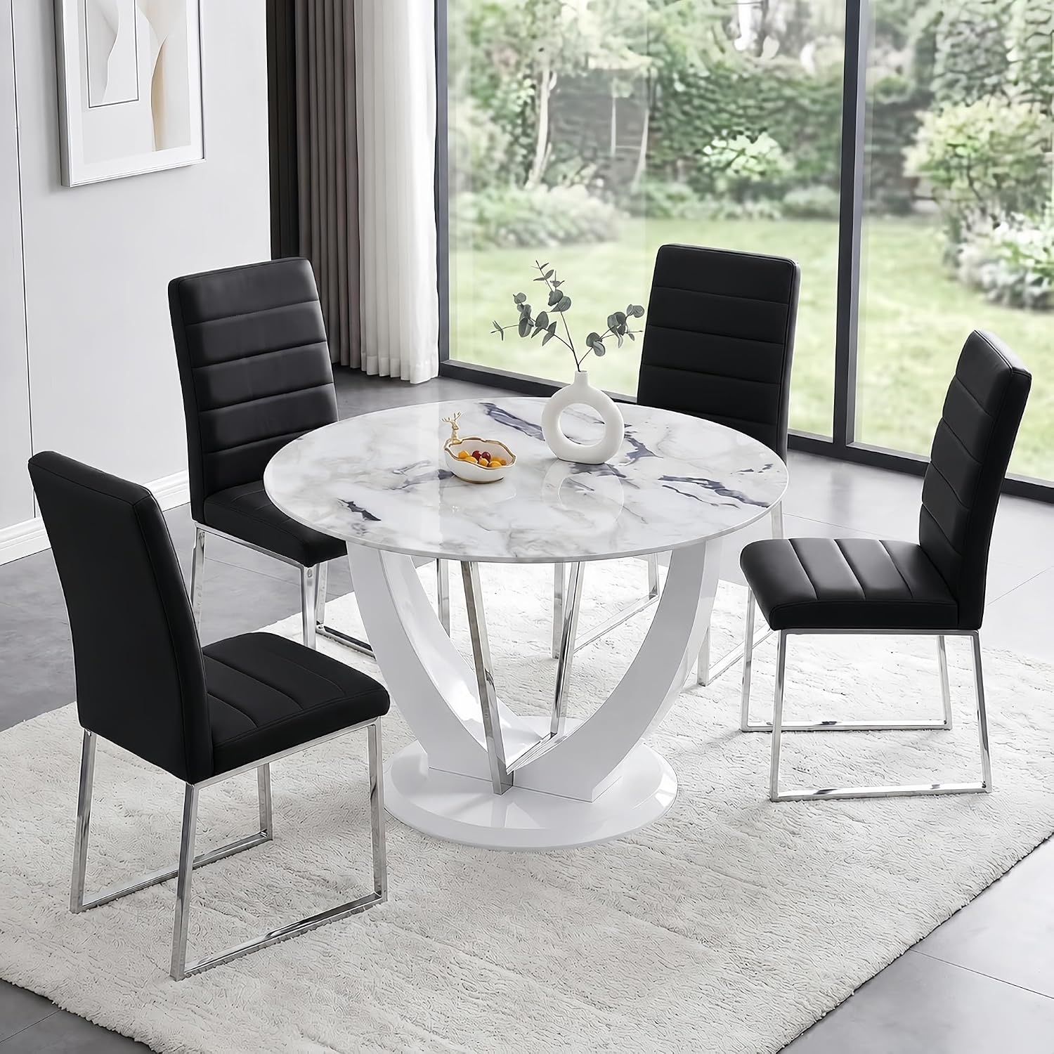 Modern 5 Piece Round Dining Table Set for 4, 47.2" White Faux Marble Kitchen Table with Black Upholstered PU Leather Chairs, Dining Room Furniture Set for Apartment, Breakfast Nook, Small Space