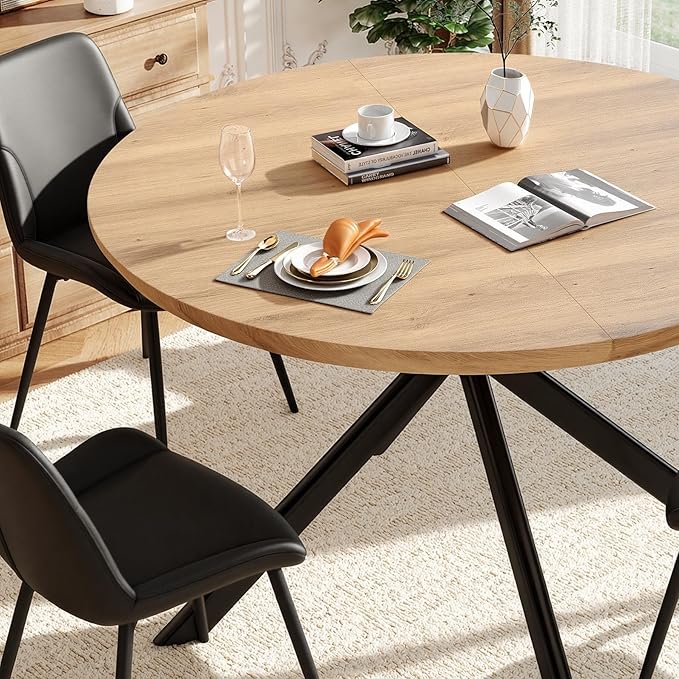 47.2" 5-Piece Round Dining Table Set for 4, Modern Wood Dining Table with 4 Upholstered Chairs, Kitchen & Dining Room Table Set with Metal Base for Apartment, Small Space, Natural Table+4 Balck Chairs