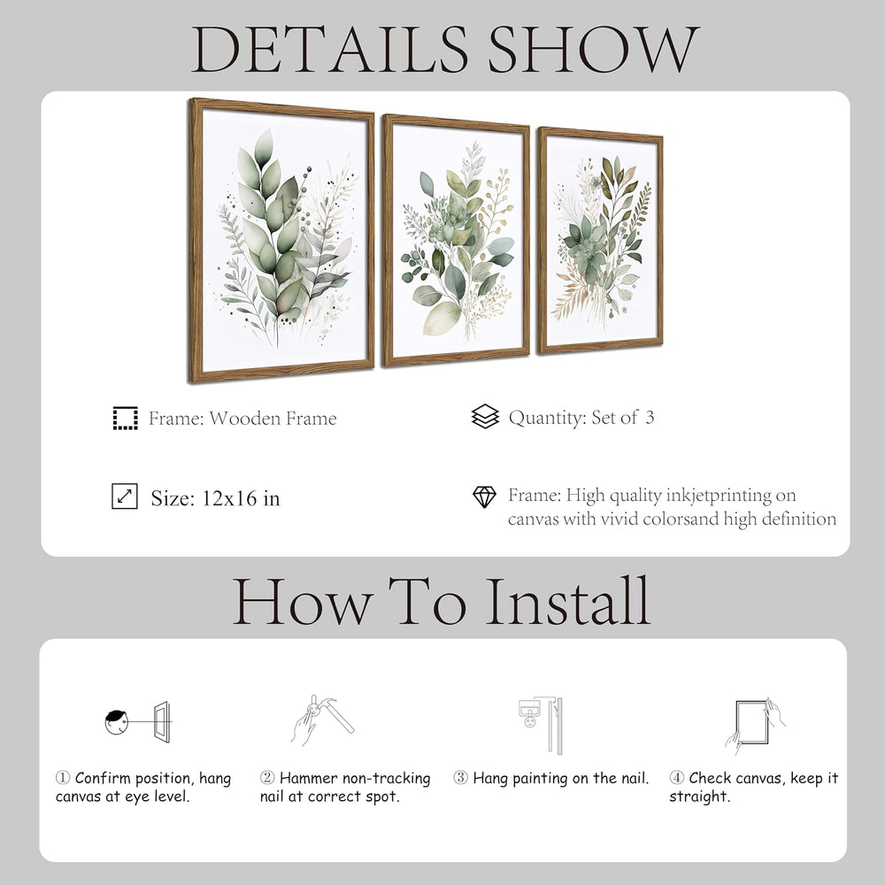 Sage Green Botanical Wall Art Set of 3, Modern Watercolor Eucalyptus Leaf Can...