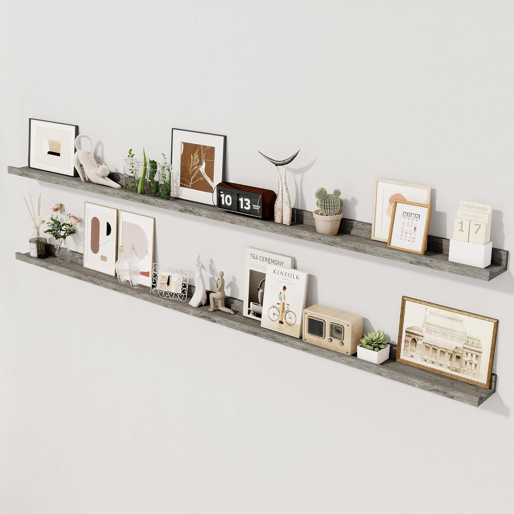 Axeman Grey Floating Shelves | 72 Inch Picture Ledge Shelf Set of 2 | Rustic Grey Picture Shelf for Wall with Ledge | Long Wall Shelves with Lip | Photo Ledge Shelves for Books Album Records