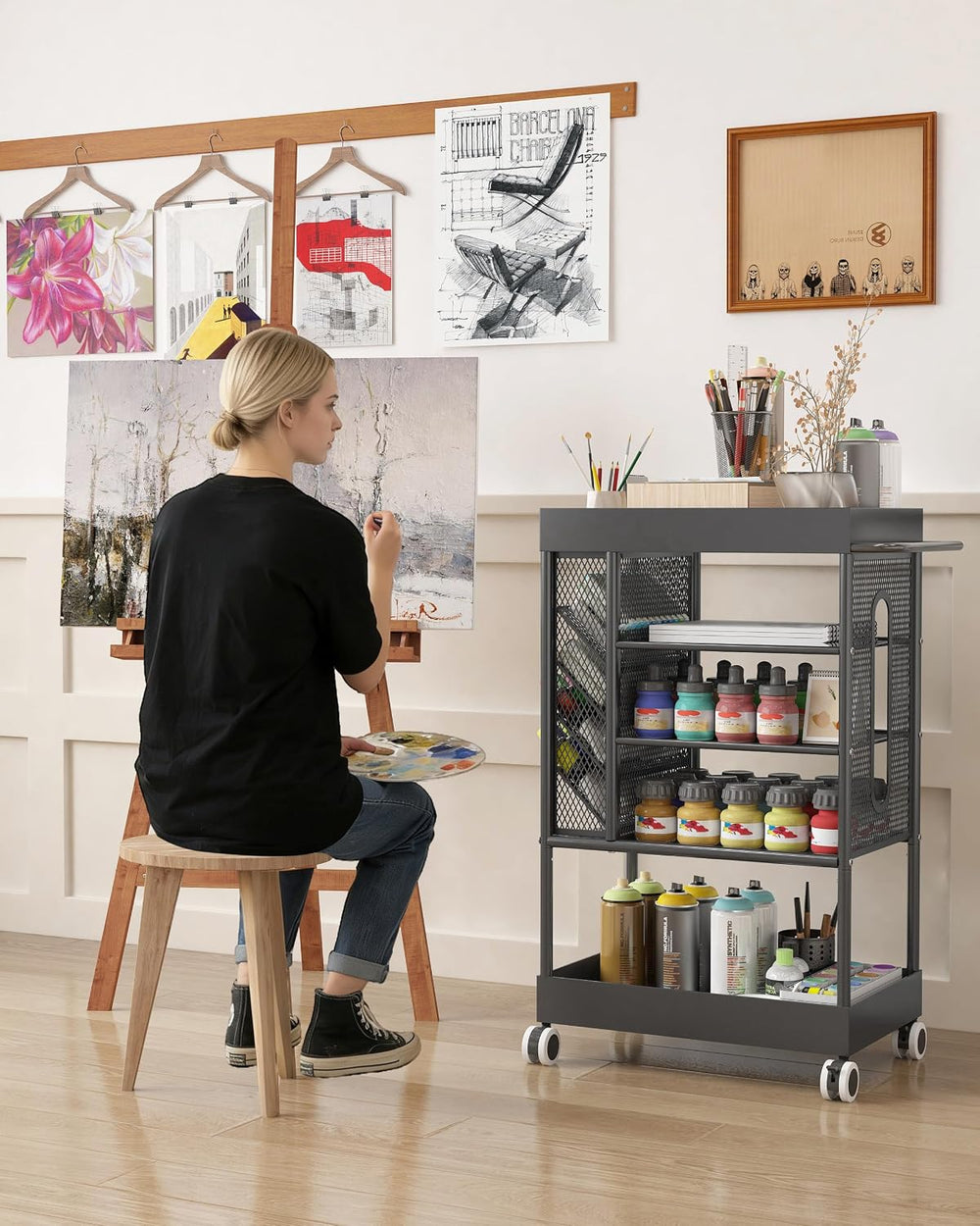 Rolling Utility Art Cart with Paint Storage & Brush Organizer,Black | Met...