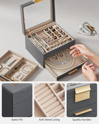SONGMICS Jewelry Box Organizer with Glass Lid, 3-Layer Jewelry Storage, with 2 Drawers, Modern Style, Christmas Gift, 8 x 9.1 x 5.3 Inches, Interstellar Gray and Gold Color UJBC239G02