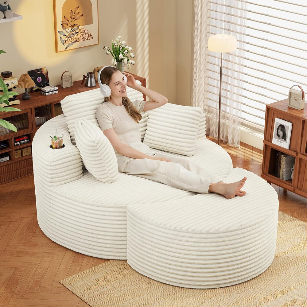 Round Chaise Lounge with Ottoman, Cloud Corduroy Curved Reading Lounge Sofa C...