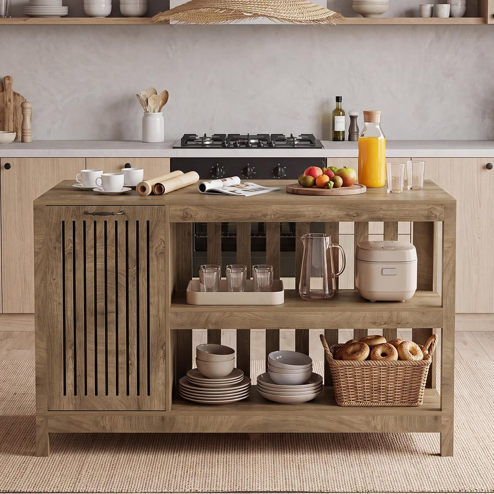 LITTLE TREE 55" Kitchen Island with Trash Can Storage, 3-Tier Island Tab...