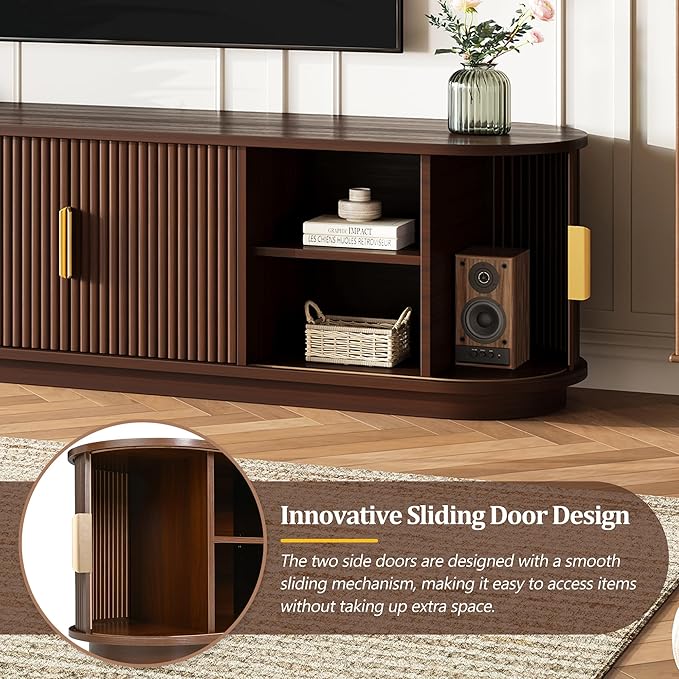Farmhouse Wooden TV Stand with Sliding Tambour Door for TVs up to 75", Fluted Media Console with Adjustable Storage, Golden Handle TV Cabinet with Cable Holes for Living Room, Walnut