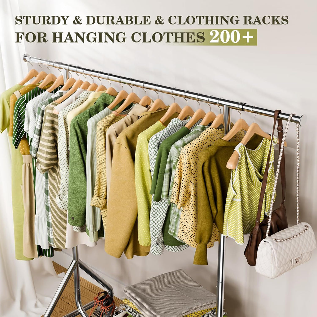 Clothes Rack Load 450 LBS, Heavy Duty Garment Rack, Standing Rolling Metal Hanging Clothes with Sturdy Wheels & Shelves, Silver