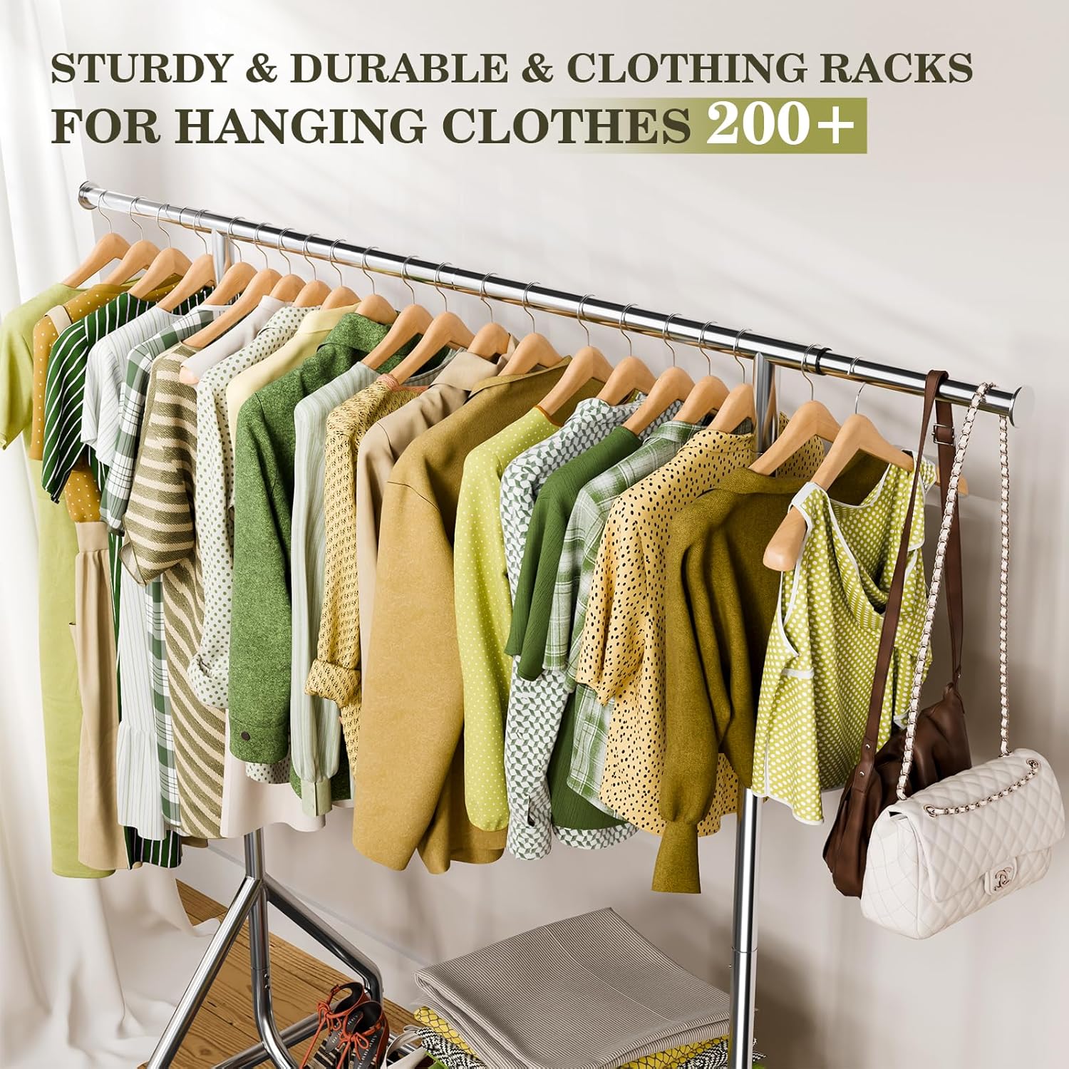 Clothes Rack Load 450 LBS, Heavy Duty Garment Rack, Standing Rolling Metal Hanging Clothes with Sturdy Wheels & Shelves, Silver