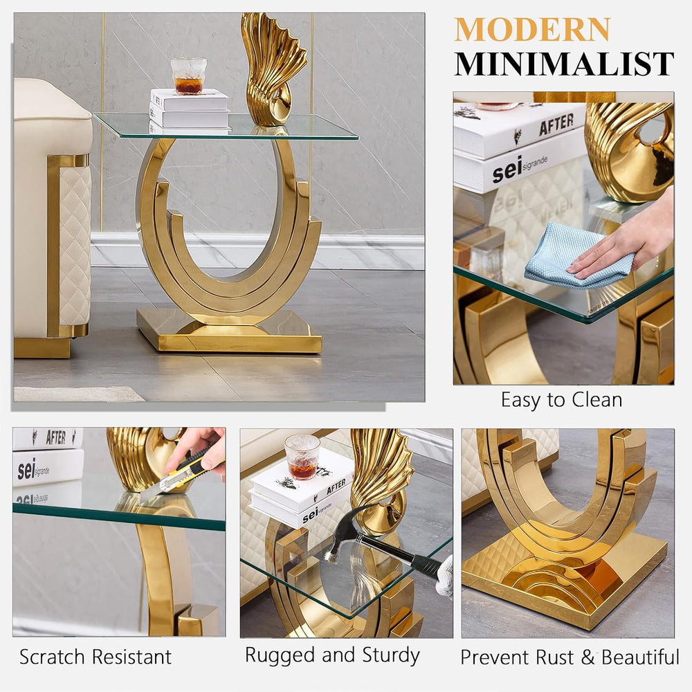 Modern End Table, Living Room End Table with Tempered Glass Top & Geometr...