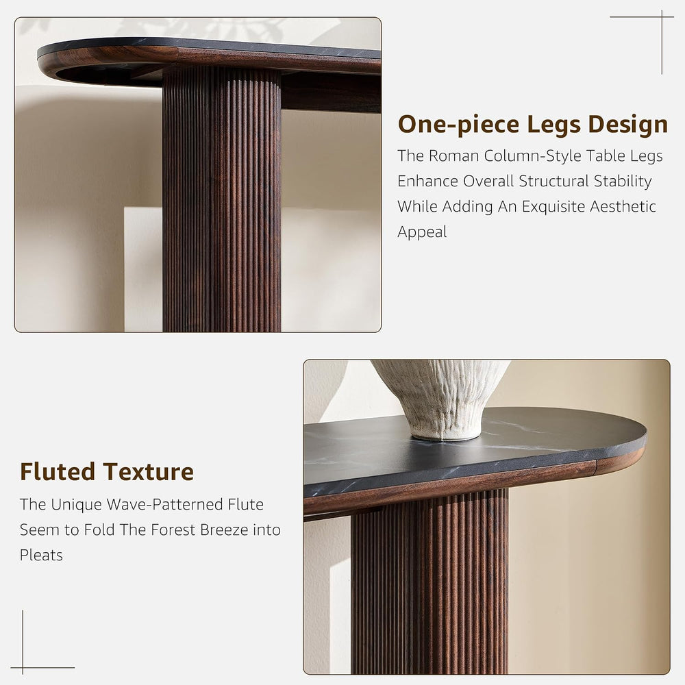 OKD 63 Inch Modern Console Table with Arc Faux Marble Texture Top, Fluted Woo...