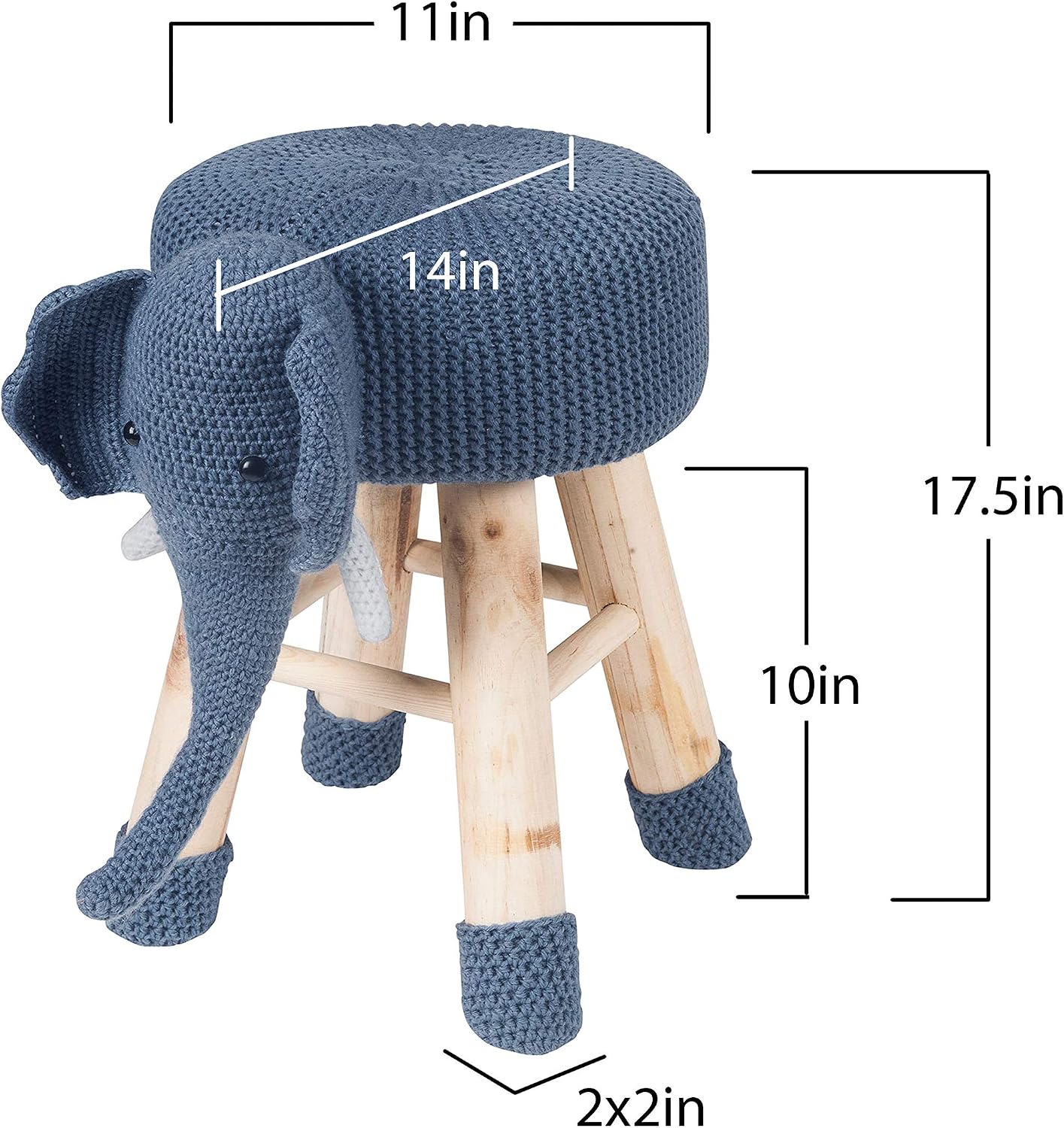 AC Pacific Woodland Elephant Stool for Kids, Animal Themed Wooden Ottoman Chair with Soft Plush Fabric, Sturdy Pine Wood Legs, Ideal for Playrooms, Nurseries or Living Rooms, Navy Blue