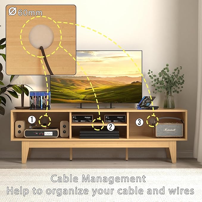 Boho TV Stand for 55 65 Inch TV, Rattan Entertainment Center with Shelves, Ca...