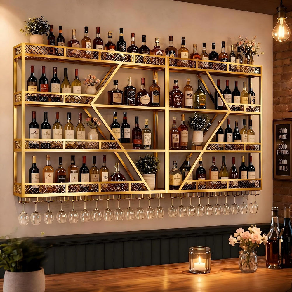 79" 4-Tier Wall Mounted Wine Rack,Metal Gold Bar Shelf,Liquor Glass Holder