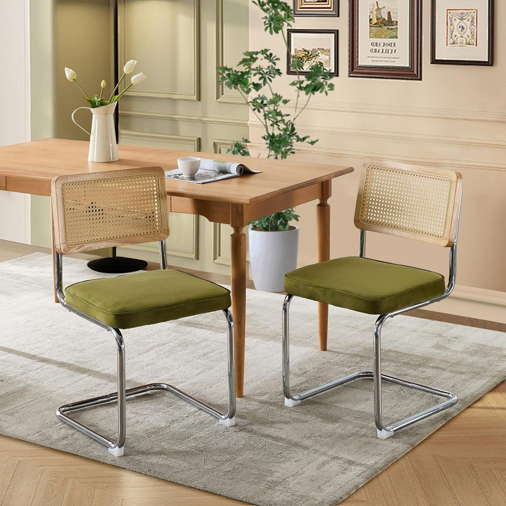 Cesca Dining Chair Set of 2, Chair with Natural Rattan Cane Back (Green)