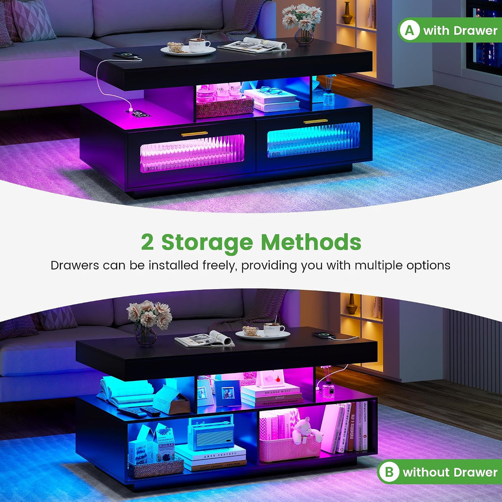 HNEBC Living Room Set, Industrial Coffee Table and TV Stand,2PCS Black | RGB Lights,Charging Station,USB-C,Wireless,2 AC Outlet,Motion-Sensor Lights,Glass doors