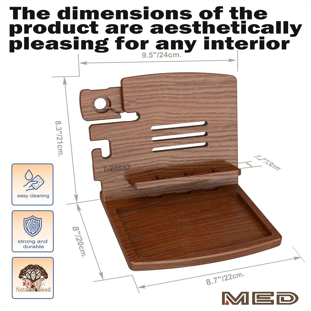 MED Wood Phone Docking Station – Nightstand Desk Organizer for Phone, Watch, Wallet & Tablet – Gift for Men, Husband, Dad & Women – Wooden Charging Stand (Dark Walnut, Model 1)
