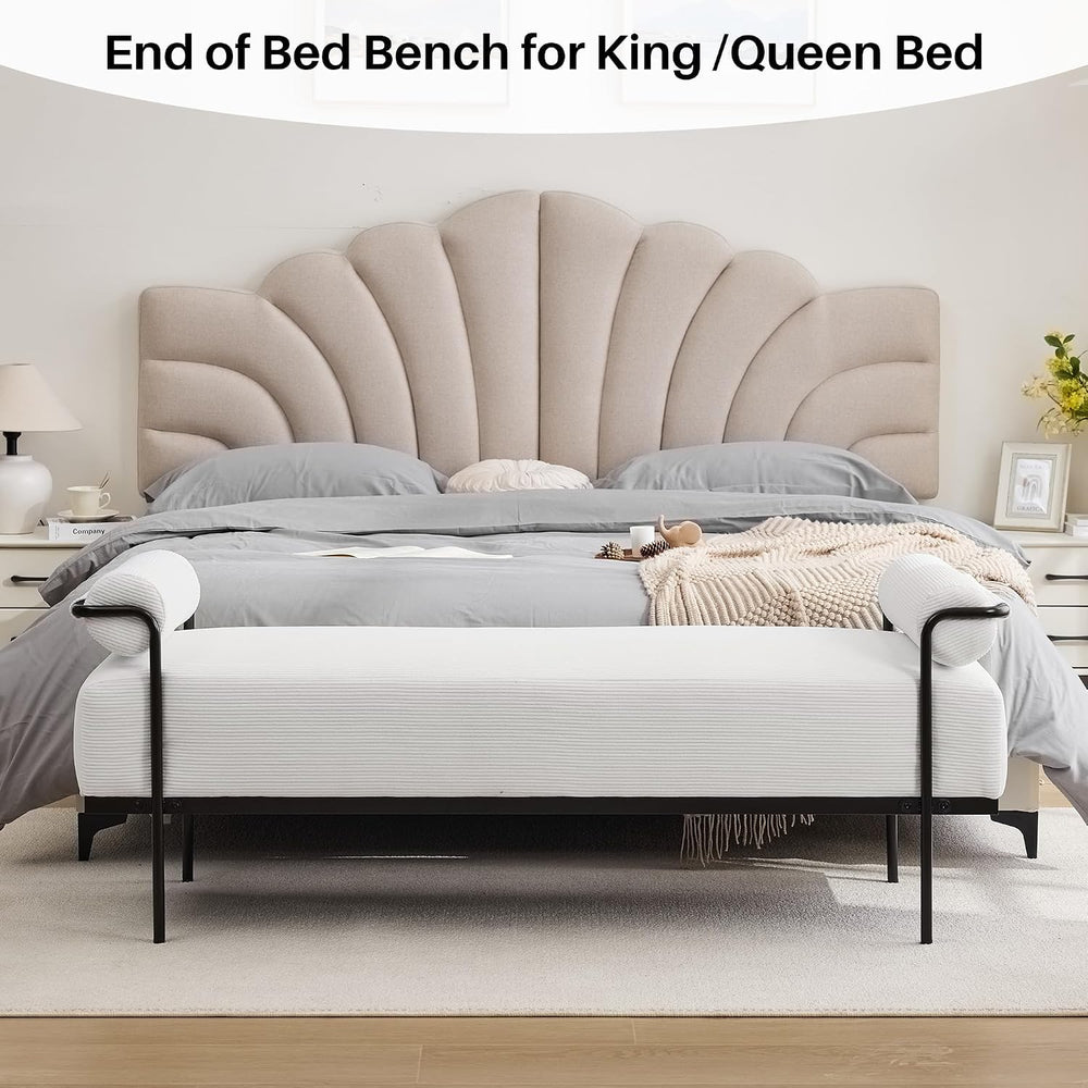 SOFTHION 61.2" End of Bed Bench, Corduroy Upholstered Entryway Bench, Wh...