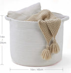 Blanket Basket (16" Dx14 H) - Round Woven Rope Storage for Living Room Throws, Pillows & Laundry- White