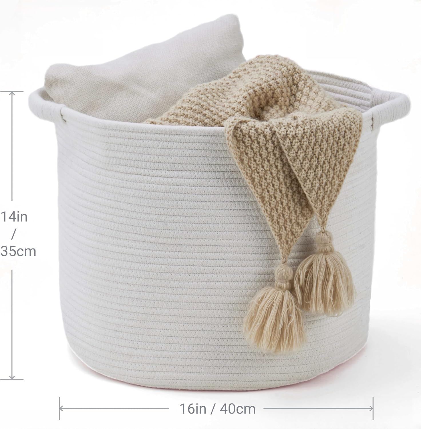 Blanket Basket (16" Dx14 H) - Round Woven Rope Storage for Living Room Throws, Pillows & Laundry- White