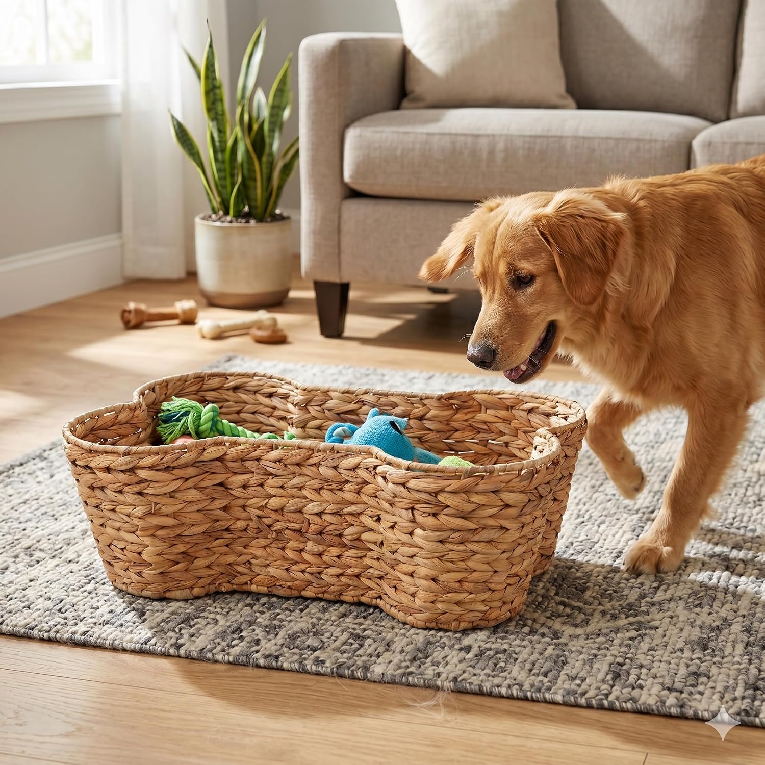 OtterPets Dog Toy Basket, Hyacinth Cat & Dog Bone Shaped Basket, Wicker Pet Toy Bin Organizer, Dog Toy Bin (Large (23"x15"))