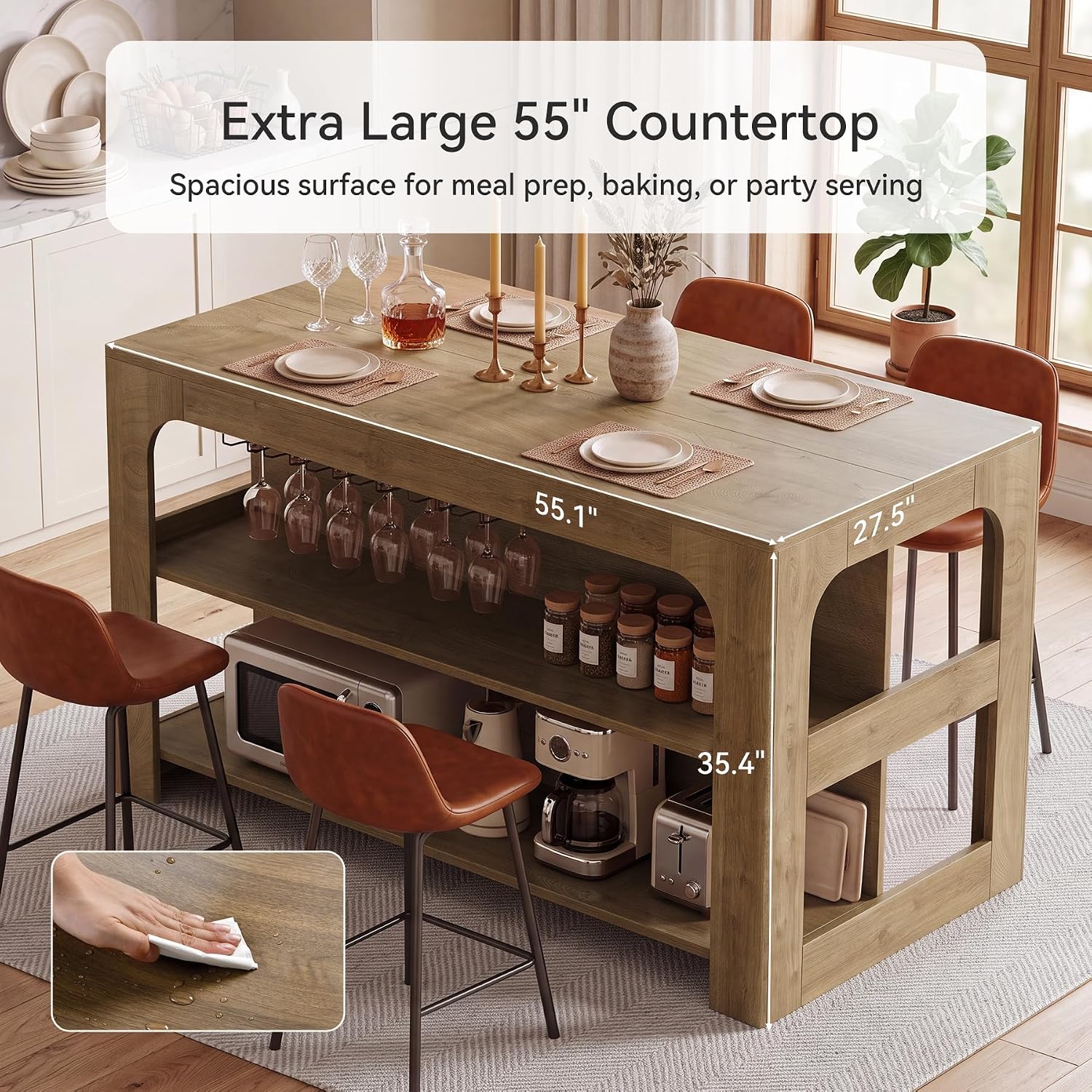 Tribesigns Kitchen Island with Seating and Storage, 55-Inch Island Table | Wooden Kitchen Island with 3 Shelves, Large Countertop, Counter Height Table for Kitchen, Dining Room, Rustic Brown