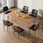 Dining Chairs Set of 8, Mid-Century Modern Upholstered PU Leather Chairs with Walnut Bentwood Back and Metal Legs Adjustable Feet for Kitchen Dining Room, Black Shell Strips