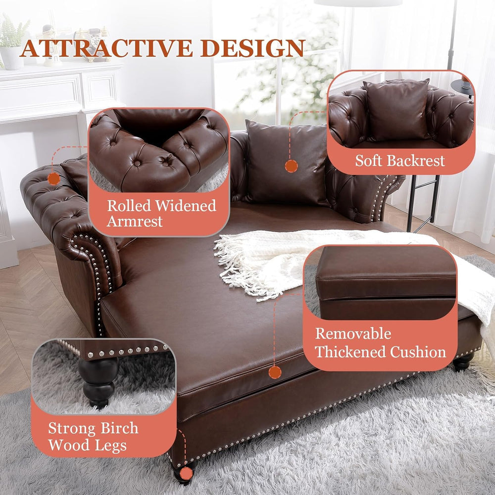 62.99" Chaise Lounge Indoor Comfy Reading Chair with 2 Pillows, PU Leath...