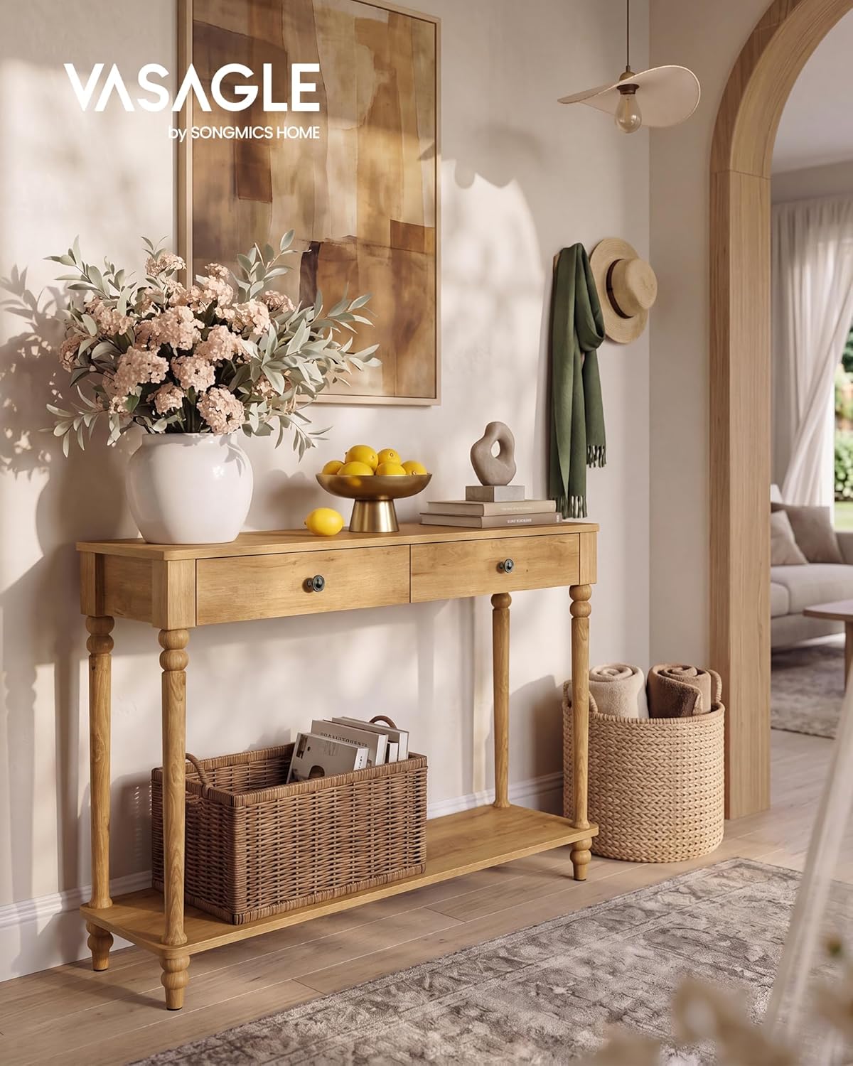 VASAGLE Mariel Collection - Console Table, Narrow Entryway Sofa Table with Drawers and Shelf, Solid Wood Legs, Mid-Century Modern, for Hallway Doorway Living Room, Natural Brown ULNT139K301S