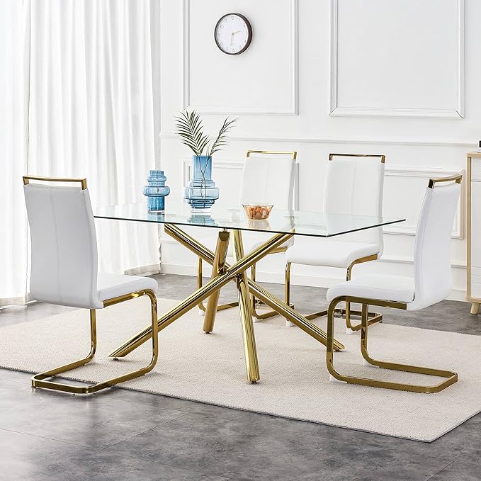 AZmac Modern Leather Dining Chairs Set of 4,Armless Kitchen Chairs,Dinning Room Chair with Upholstered Padded Seat and Sturdy Gold Legs for Dining Room,Kitchen (Set of 4, White-Gold Leg)