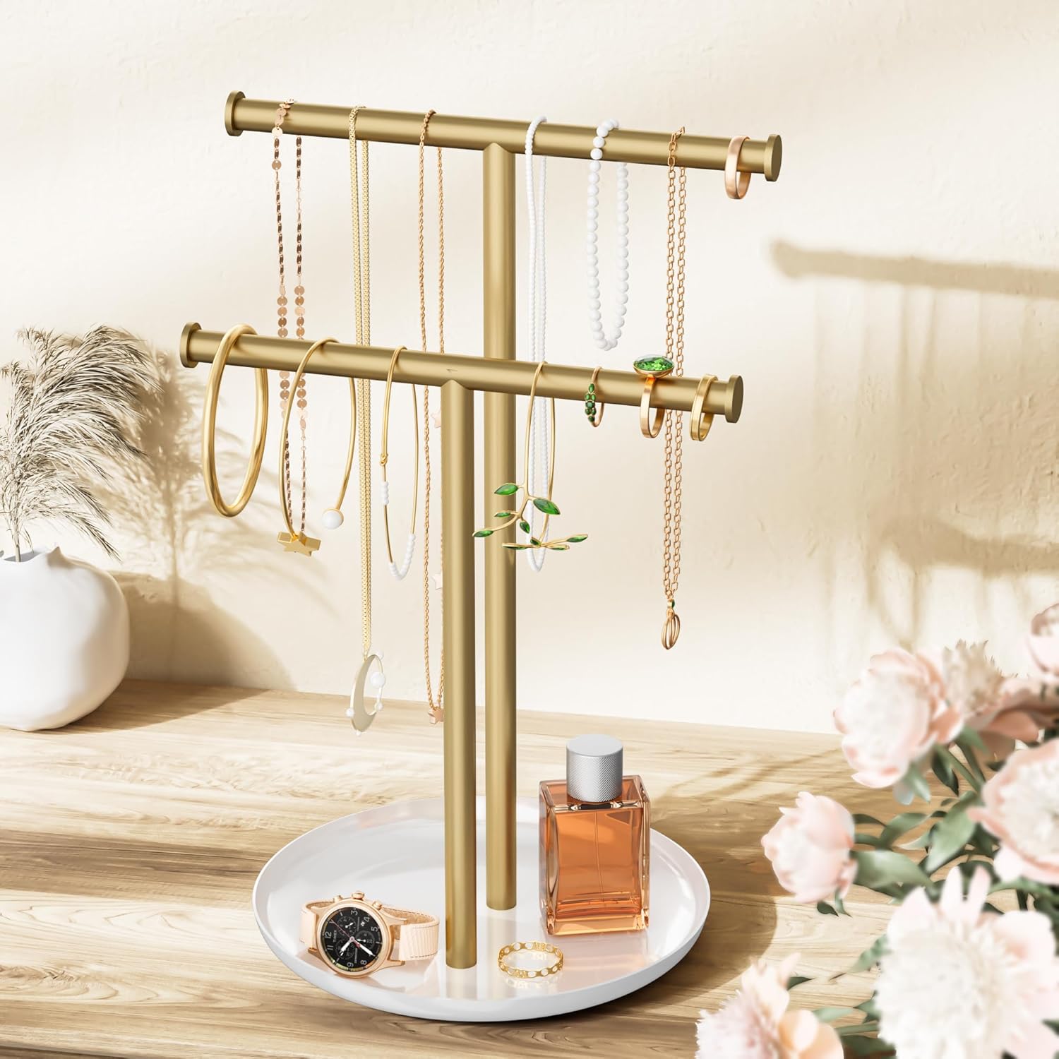 Gold Necklace Rack Stand with Storage Tray - 2 Rods T-Shaped Jewelry Holder Stand for Bracelets, Earrings, Rings | Elegant Vanity & Dresser Top Storage for Women.