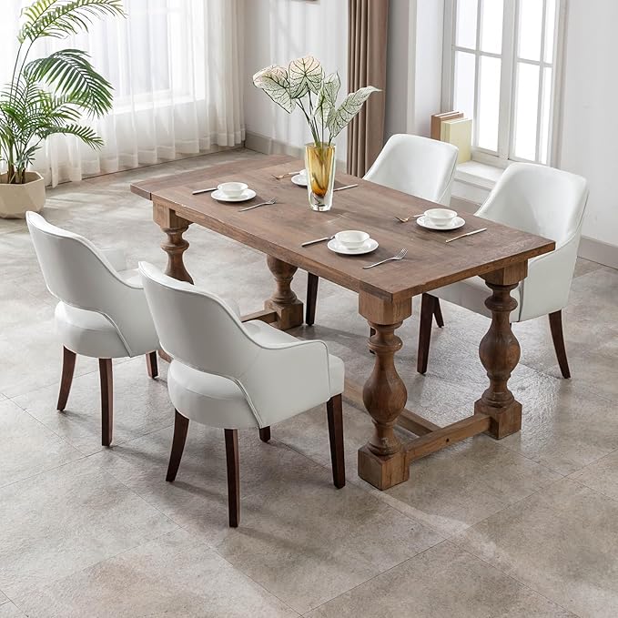 Farmhouse Dining Chairs Set of 6 PU Leather Upholstered Accent Side Chair Wood Kitchen Chairs for Living Room/Dining Room/Bedroom/Restaurant, Upgraded Size, White